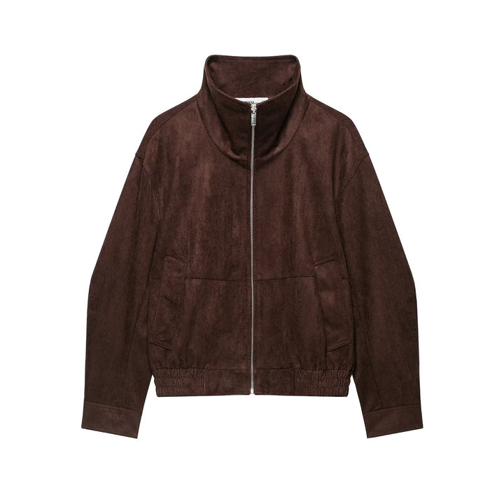 Damen Velourslederoptik Bomberjacke mit Funnelkragen und elastischem Saum Drune