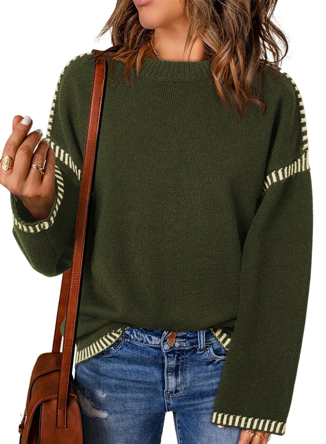 Damen Grobstrickpullover mit modischem Kontrastsaum und weiten Ärmeln Drune