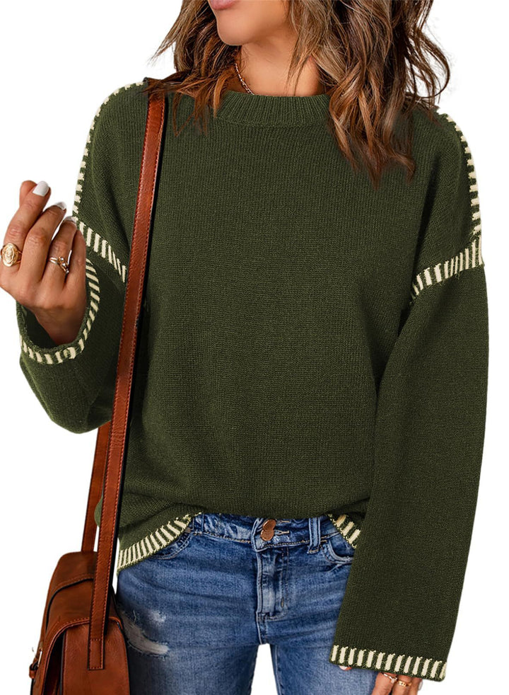 Damen Grobstrickpullover mit modischem Kontrastsaum und weiten Ärmeln Drune