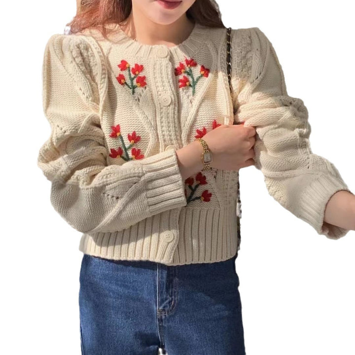 Damen elegante Strickjacke mit floralem Muster und durchgehenden Knopfdetails Drune