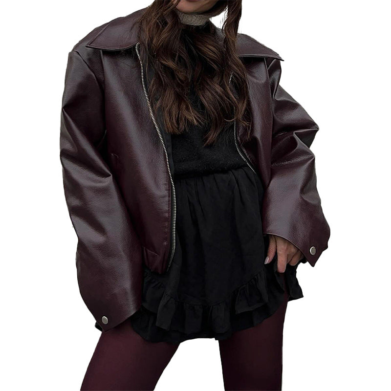 Damen Moderne Kunstlederjacke im Oversized-Schnitt mit klassischen Details Drune