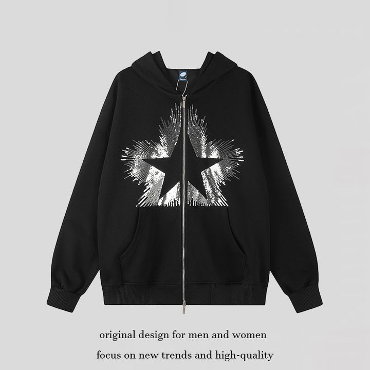 Damen Oversize-Kapuzenjacke aus French Terry mit glitzerndem Sternprint und Metallreißverschluss Drune