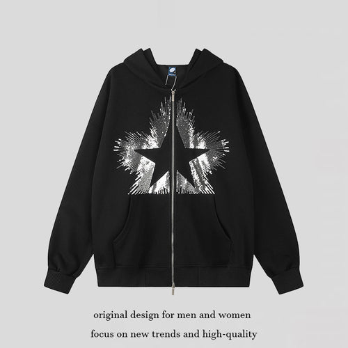 Damen Oversize-Kapuzenjacke aus French Terry mit glitzerndem Sternprint und Metallreißverschluss Drune
