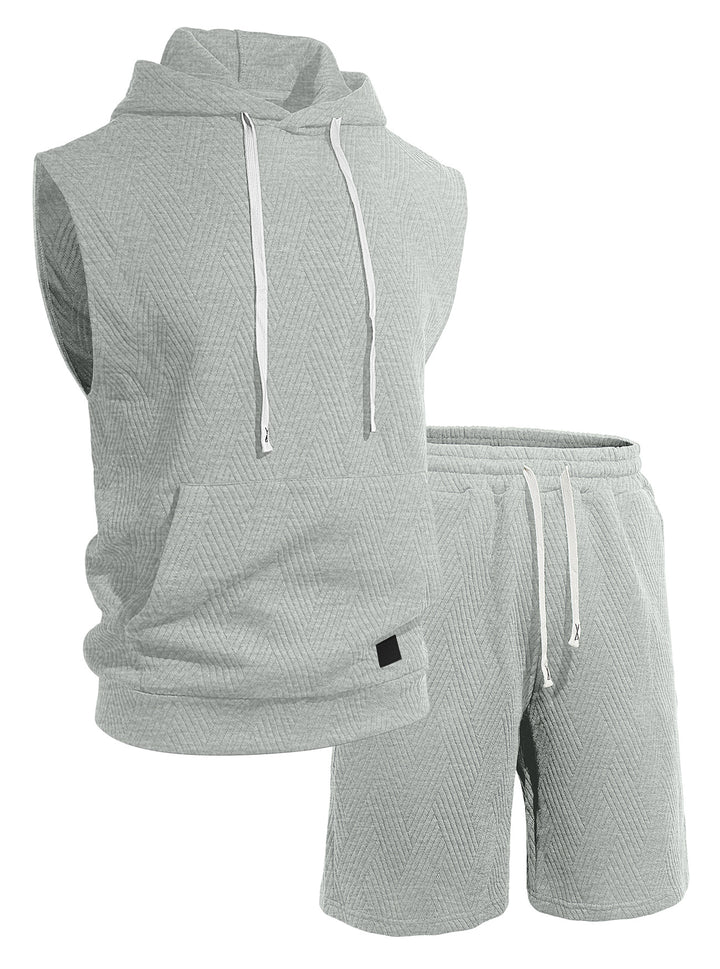 Herren nan ärmelloses Kapuzen-Lounge-Set aus strukturierter Baumwollmischung mit Kängurutasche und elastischer Freizeithose Drune