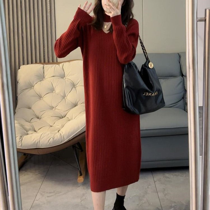 Damen Strickkleid mit tiefem V-Ausschnitt und strukturiertem Rippdesign Drune
