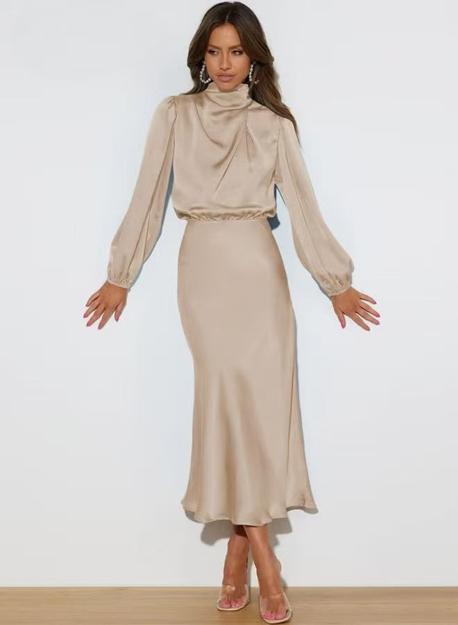 Damen Elegantes Satin-Midikleid mit Stehkragen, Blouson-Oberteil und fließendem Rock Drune
