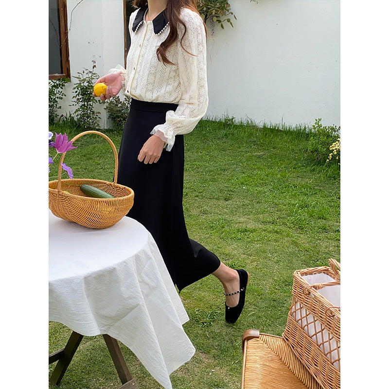 Damen elegante Bluse mit Spitzenkragen und dekorativen Knopfdetails Drune