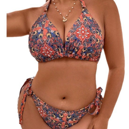 Damen Dreieck-Bikini mit buntem Muster und knotenförmigen Bindebändern Drune
