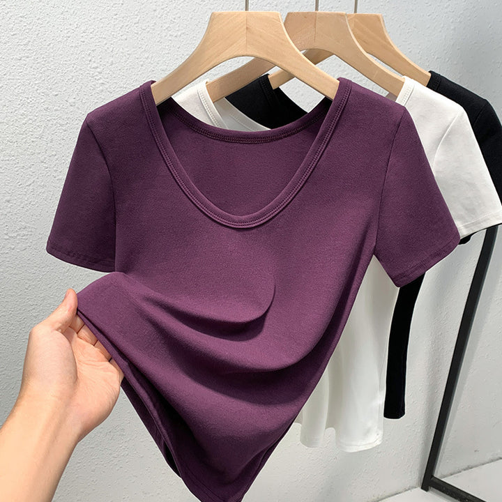 Damen V-Ausschnitt Basic T-Shirt aus weichem Stretchmaterial mit figurbetonter Passform Drune