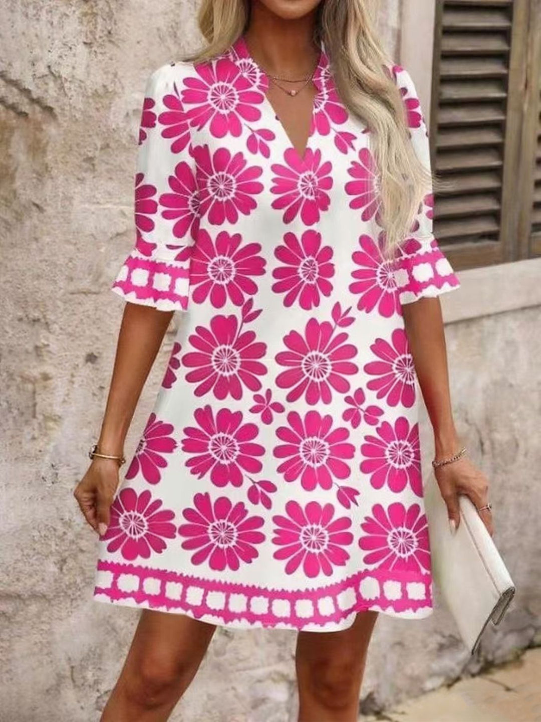 Damen Leichtes Sommer Tunika Kleid mit V Ausschnitt und Volantärmeln Drune