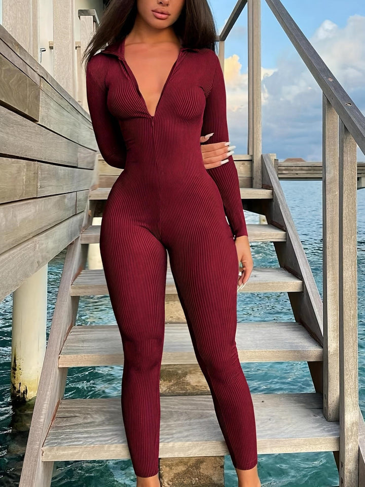 Damen Figurbetonter Rippstrick Jumpsuit mit Reißverschluss und Hemdkragen Drune