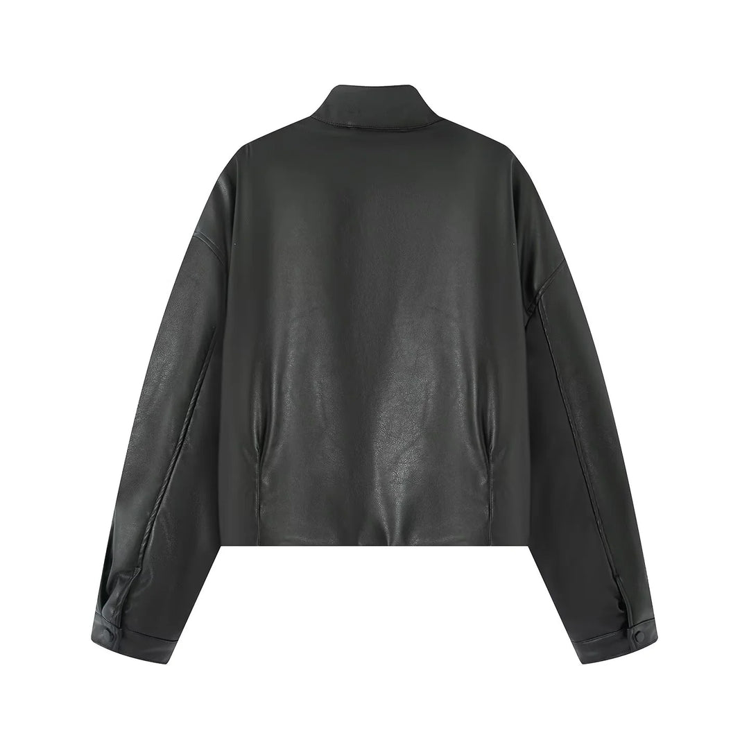 Damen nan oversized cropped Kunstlederjacke im Bomberstil mit Stehkragen und elastischem Saum Drune