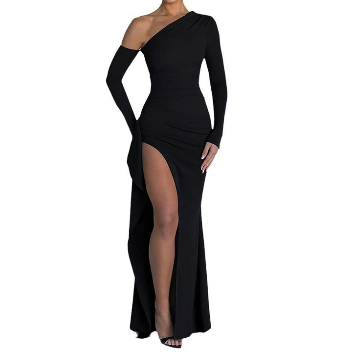 Damen Elegantes One-Shoulder Maxikleid mit schimmerndem Stoff und figurbetontem Schnitt Drune