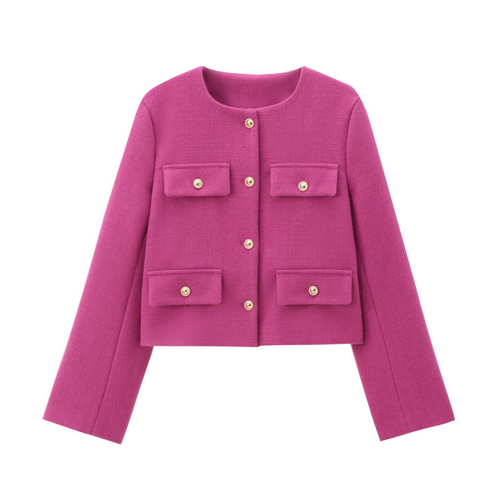 Damen nan kurz geschnittene Bouclé-Tweedjacke mit Rundhalsausschnitt Zierknopfdetails und aufgesetzten Pattentaschen Drune