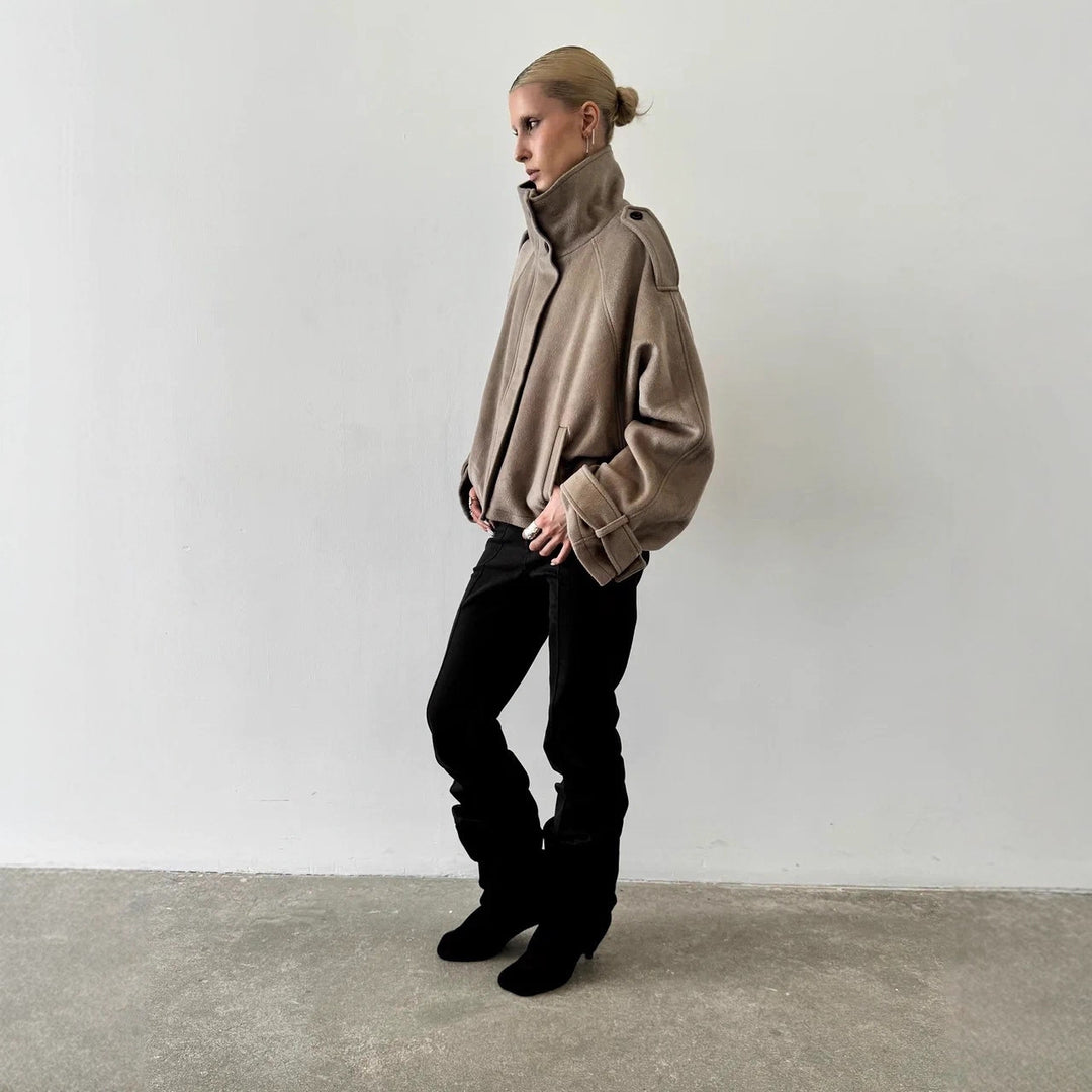Damen Oversized Woll-Cropped-Jacke mit hohem Stehkragen und Ballonärmeln Drune
