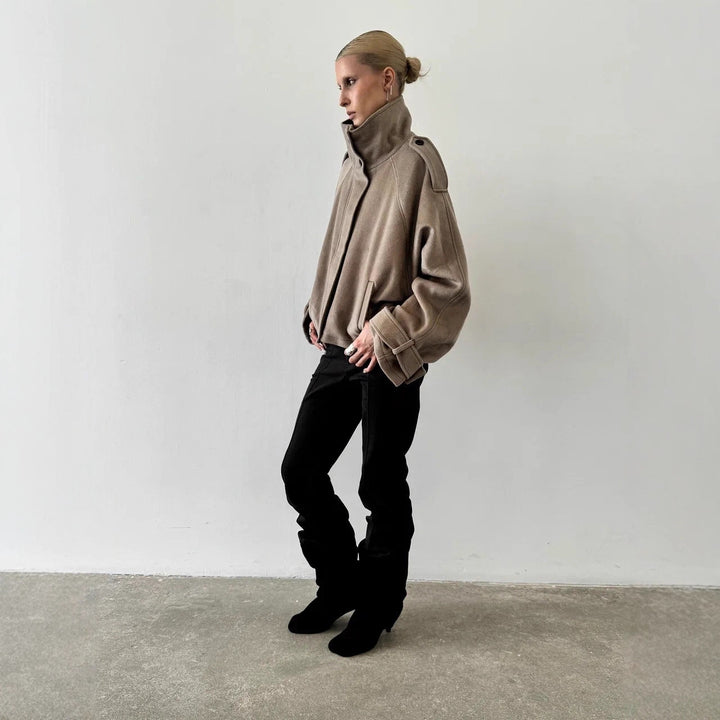 Damen Oversized Woll-Cropped-Jacke mit hohem Stehkragen und Ballonärmeln Drune