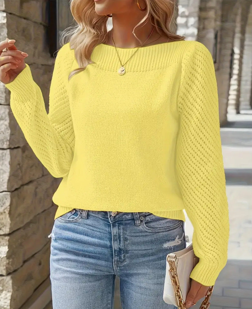Damen nan feiner Strickpullover mit Ajour- Puffärmeln und U-Boot-Ausschnitt Drune