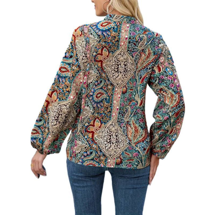 Damen elegante Bluse mit buntem Print und extravaganten Puffärmeln Drune