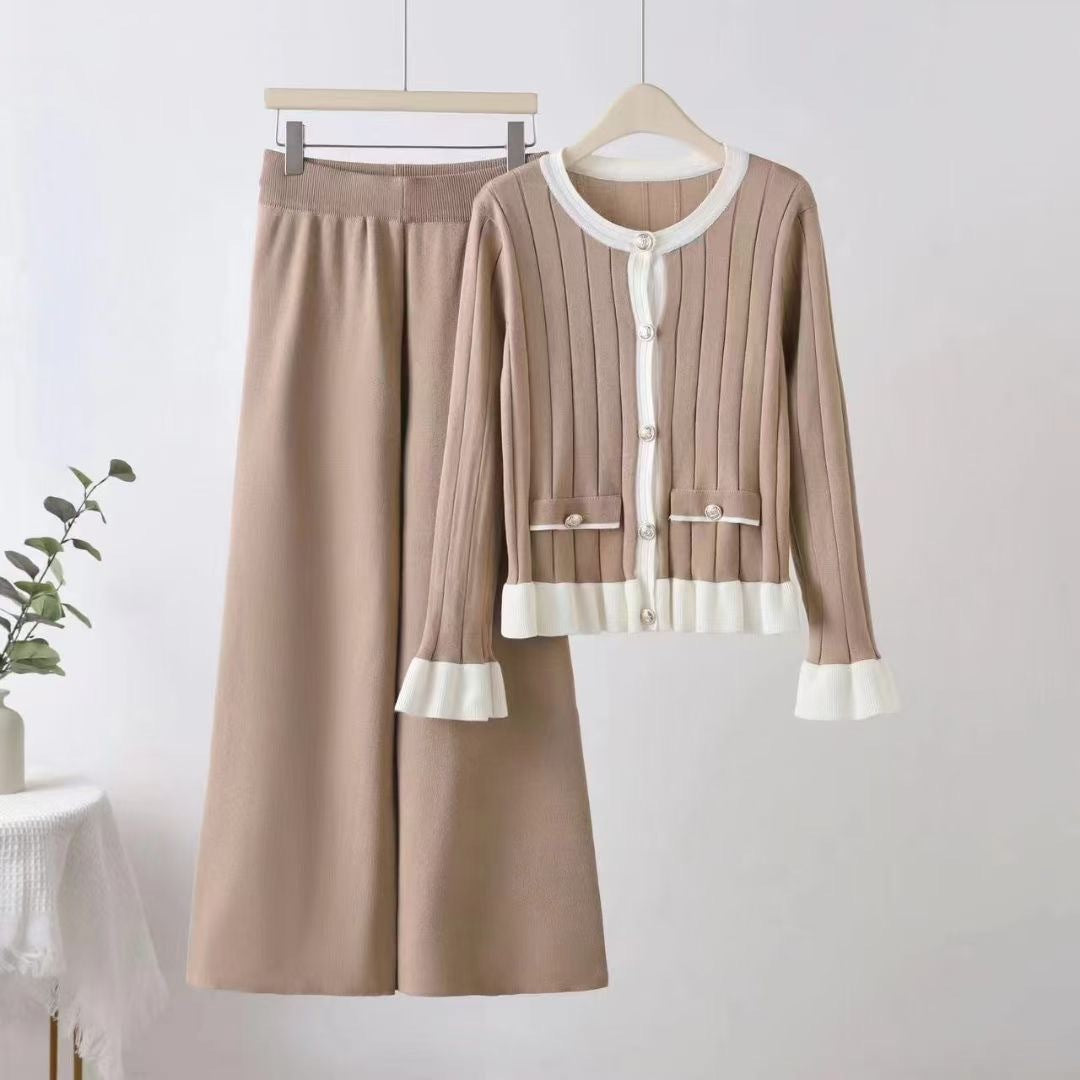 Damen elegantes Strick-Loungewear-Set mit aufgesetzten Taschen und Rüschen Drune
