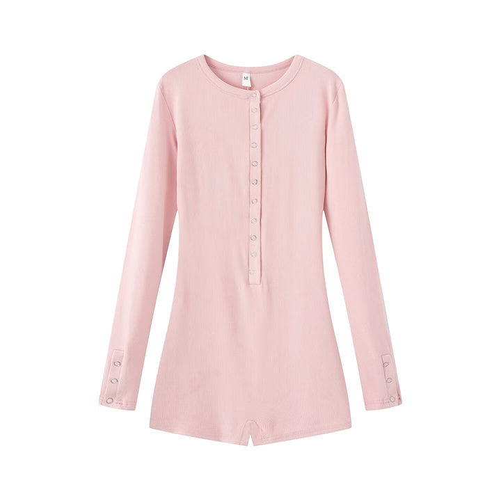 Damen Leichter Rippstrick-Einteiler mit Henley-Knopfleiste und Druckknopfstepper Drune