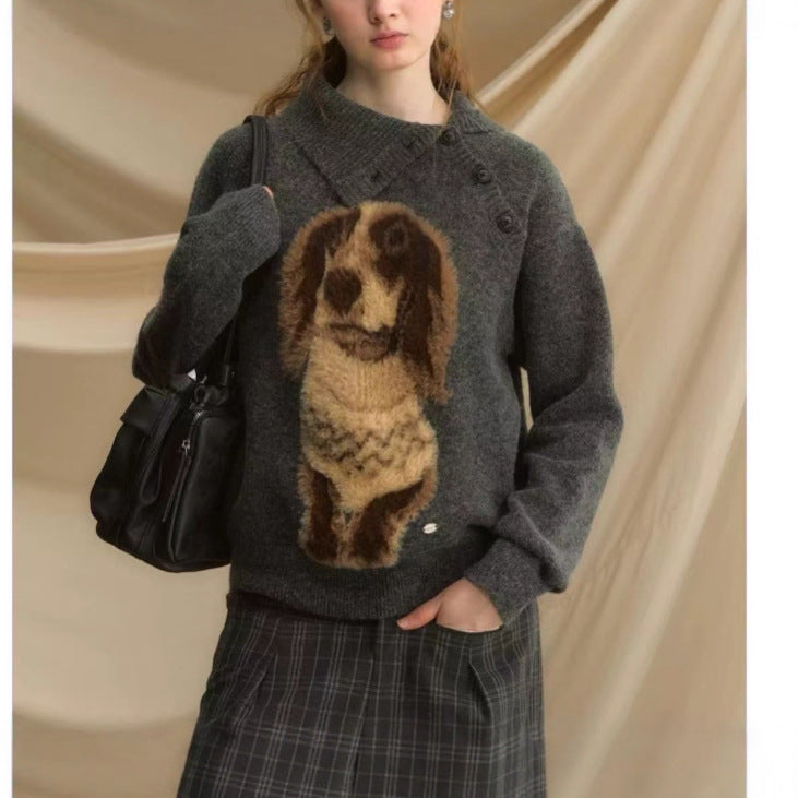 Damen Strickpullover mit tierischem Motiv und hochgeschlossenem Kragen Drune
