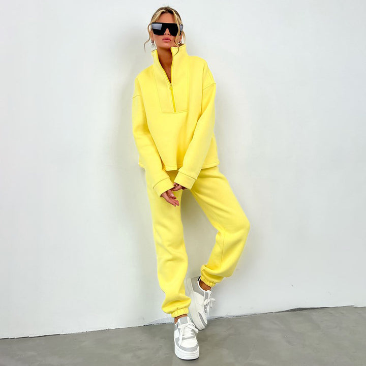 Damen Oversize-Halbzip-Lounge-Set aus schwerem French-Terry mit hohem Stehkragen Drune