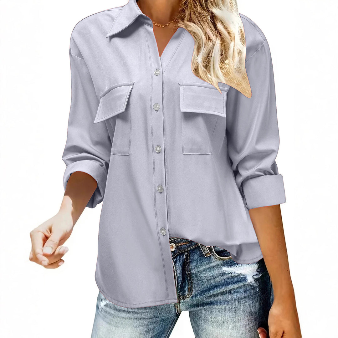 Damen Oversize-Hemdbluse mit Pattentaschen, durchgehender Knopfleiste und umgeschlagenen Ärmeln Drune