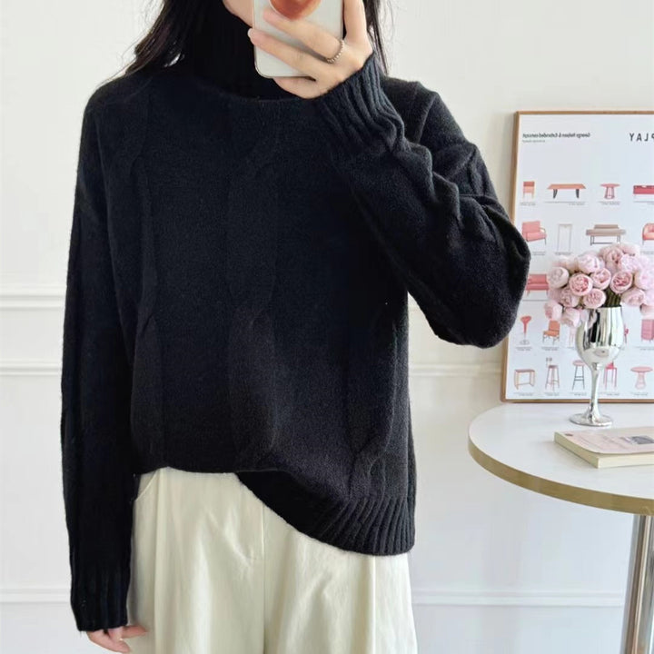 Damen Strickpullover mit hohem Kragen und Kabelmuster Drune