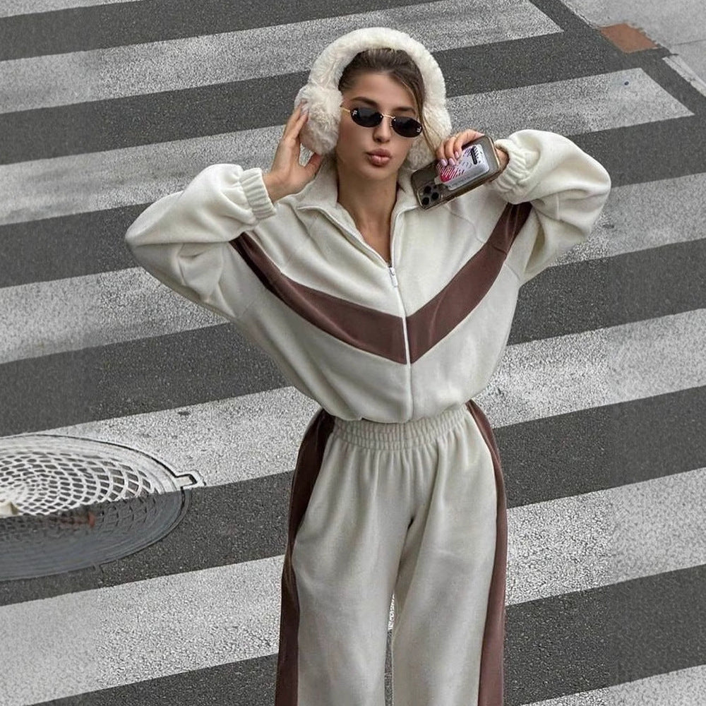 Damen sportliches Fleece-Set mit Reißverschluss und kontrastierenden Seiteneinsätzen Drune