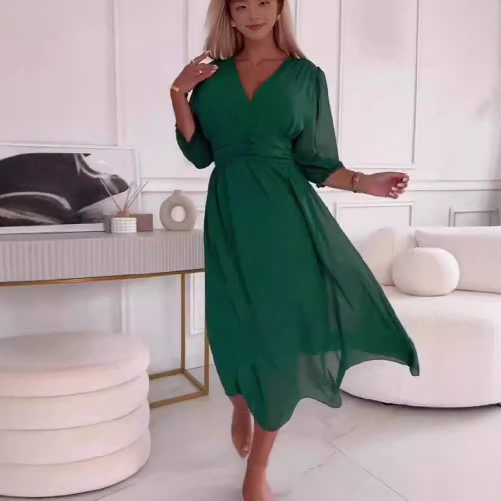 Damen Chiffon Maxi Kleid mit V-Ausschnitt, Rüschengesäß und 3/4 Ärmeln Drune