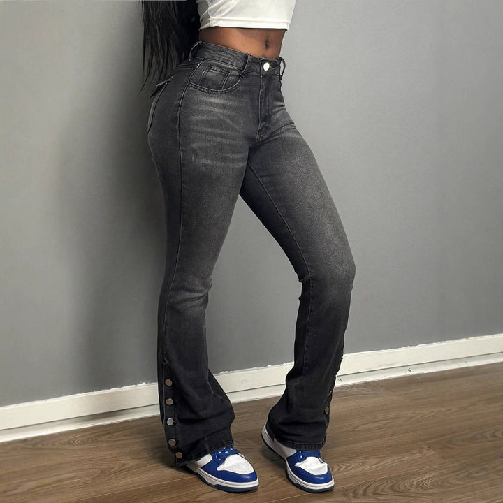 Damen hochtaillierte Flared-Jeans mit seitlicher Druckknopföffnung & sculptendem Sitz Drune