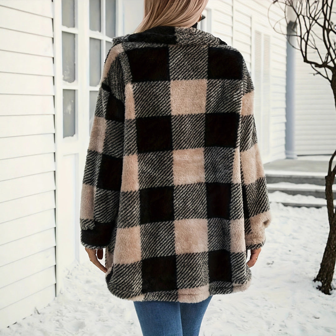 Damen kuschelige Overshirtjacke mit Karomuster und weichem Polyesterfell Drune