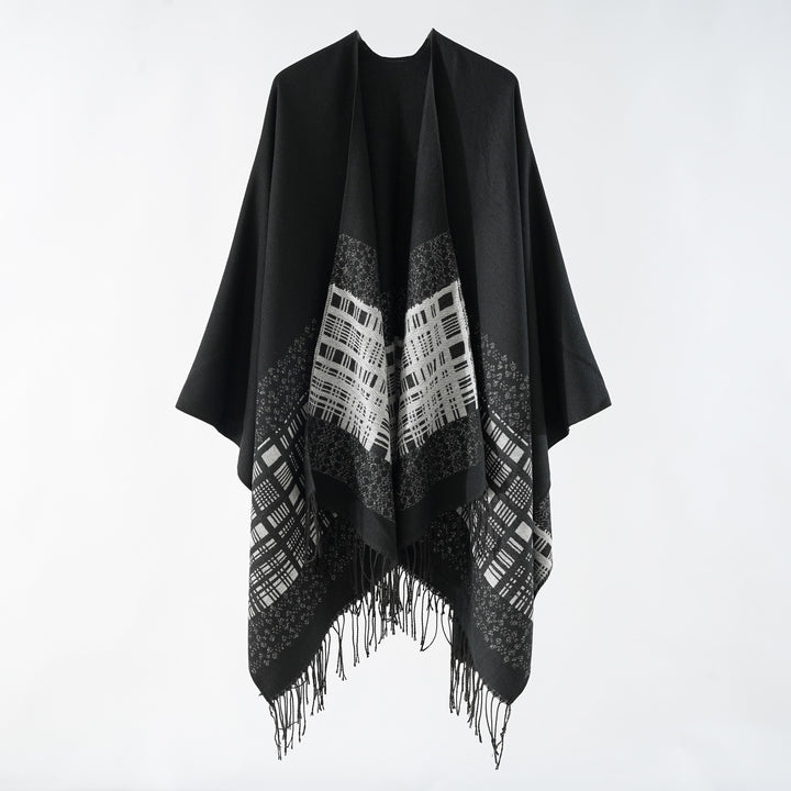 Damen Wollmix-Schulterponcho mit Jacquardmuster und Fransensaum Drune