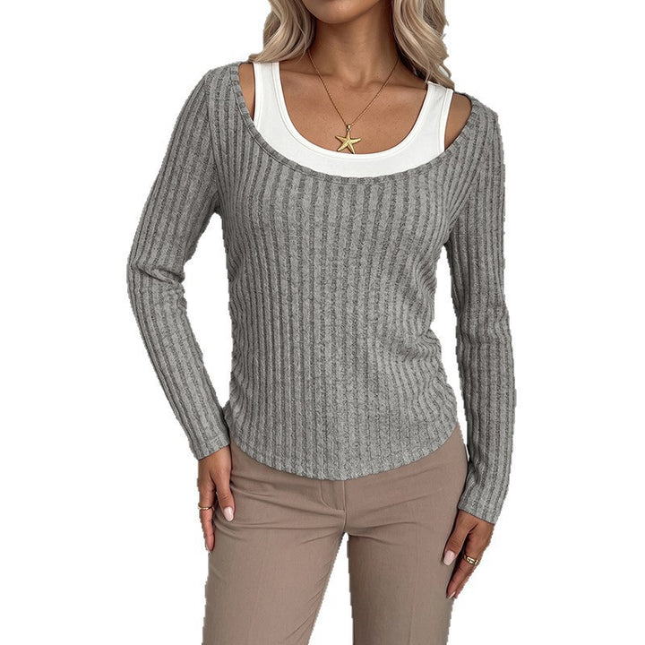 Damen Geripptes Langarmshirt mit weitem U-Boot-Ausschnitt und taillierter Silhouette Drune