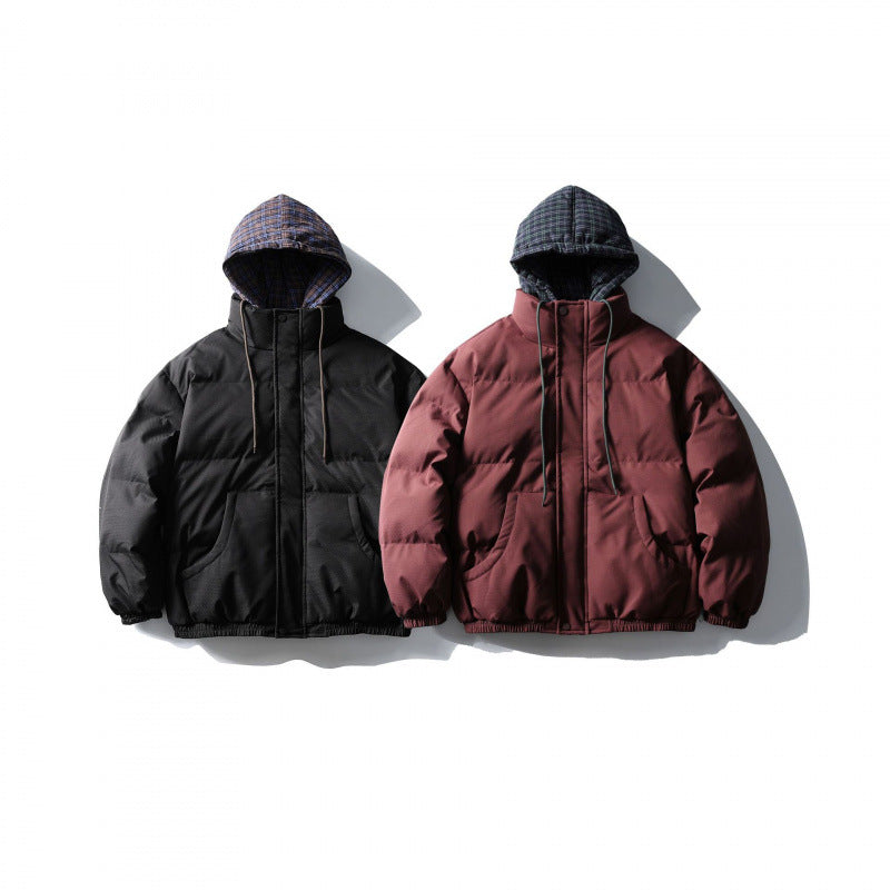 Unisex Wattierte Pufferjacke im kastigen Schnitt mit karierter Einsatzkapuze und hohem Stehkragen Drune