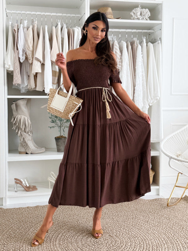 Damen Off-Shoulder Maxikleid mit elastischem Taillenband und Volantdetails Drune