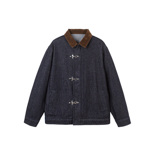 Herren Boxy-Jeansjacke mit Cordkragen und Metallknebelverschlüssen Drune
