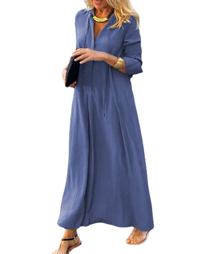 Damen Maxikleid mit V-Ausschnitt, Langärmelig, lockere A-Linien‑Silhouette und Kordelzug Drune