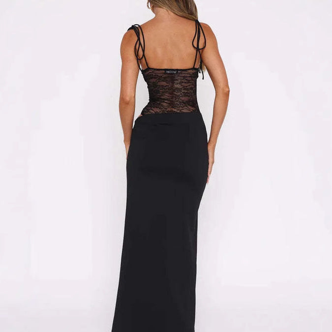 Damen nan elegantes Maxikleid mit transparentem Spitzenmieder Bandeau-Oberteil und Bindeträgern Drune