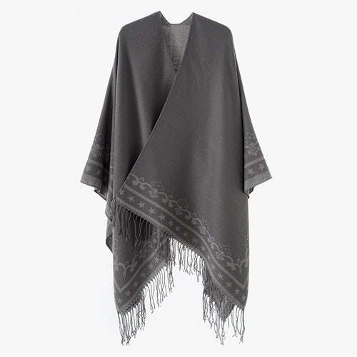 Damen Überwurfponcho aus Wollmix mit dezentem Jacquardbordüren‑Muster und Fransensaum Drune