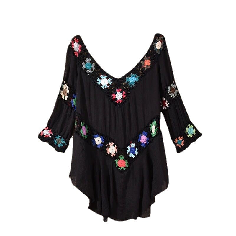Damen Häkelbluse mit bunten Floral-Applikationen Drune