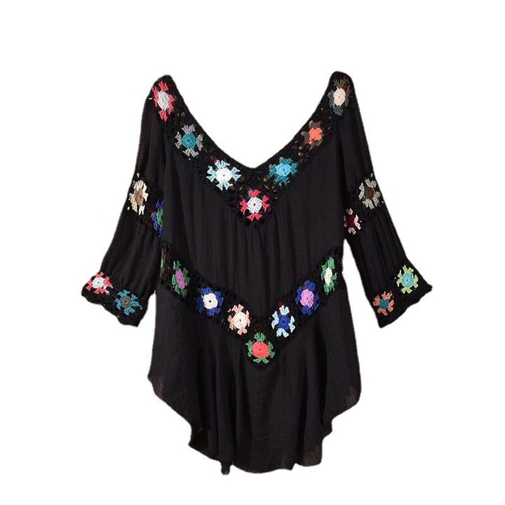 Damen Häkelbluse mit bunten Floral-Applikationen Drune