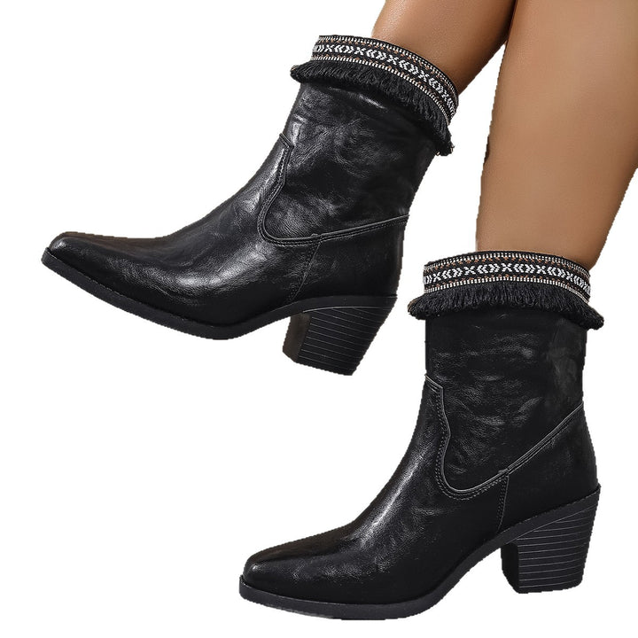 Damen nan Western-inspirierte Stiefelette mit besticktem Fransensaum und gestapeltem Blockabsatz Drune