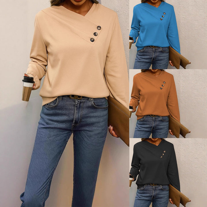 Damen Asymmetrische V-Ausschnitt Bluse mit Zierknopfleiste und Langarm Drune