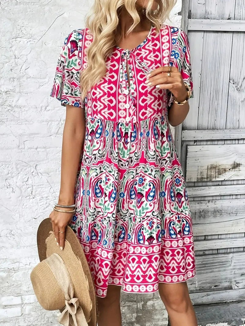 Damen Midi-Kleid mit verspieltem Muster und Knopfleiste Drune