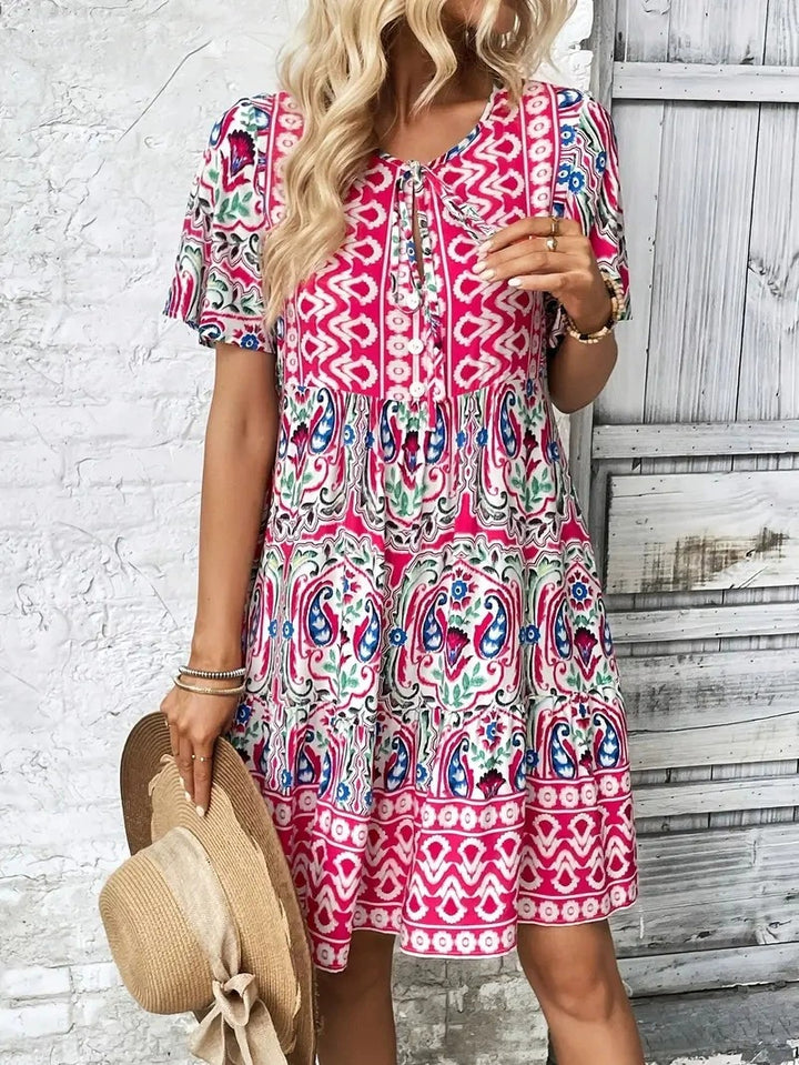 Damen Midi-Kleid mit verspieltem Muster und Knopfleiste Drune