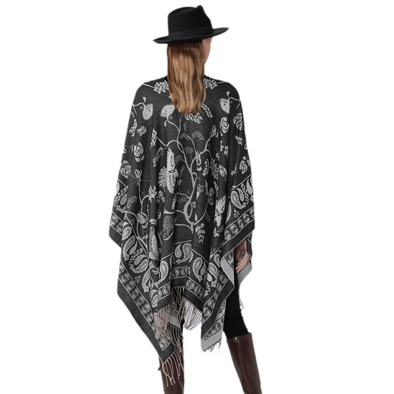 Damen Jacquard-Poncho im Oversize-Kaftan mit floraler und Vogelornamentik Drune