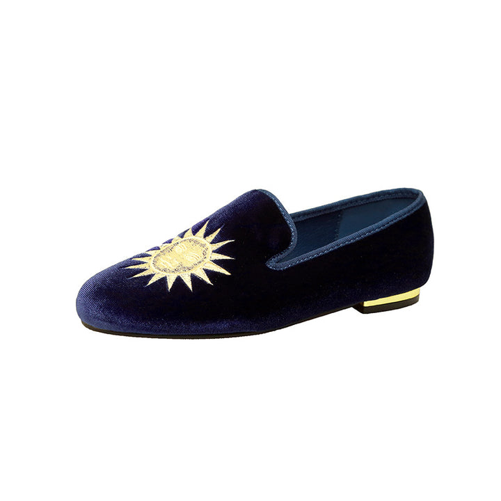 Damen Samt-Slipper mit Sonnenstickerei und goldener Absatzkappe Drune