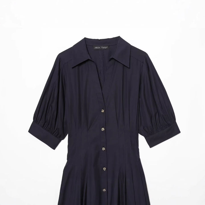 Damen Hemdblusenkleid mit taillierter Passform, Puffärmeln und durchgehender Knopfleiste Drune