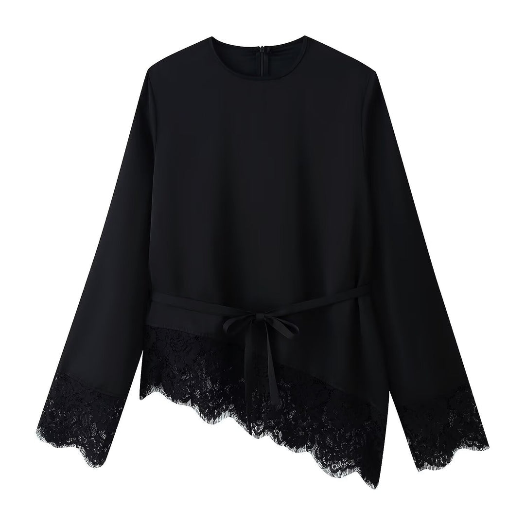 Damen 50+ elegante Chiffonbluse mit Spitzenbesatz und Taillenband Drune